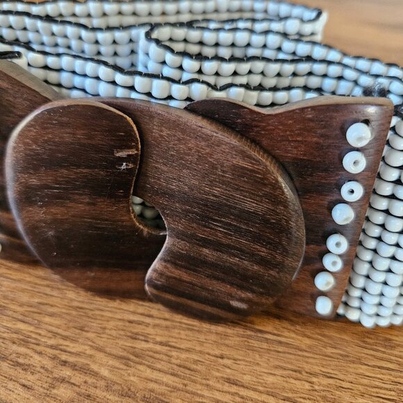 Vintage Wood Buckle White Beaded Stretch Belt Wide Cinched Waist Boho Gypsy M/L - Picture 4 of 6
